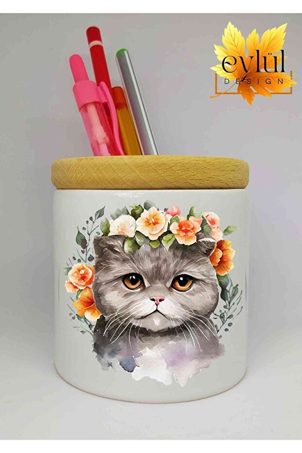 Floral Cat Printed Ceramic Pen Holder Wooden Detailed Makeup Brush Box Pen Case
