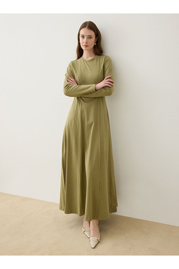 Bel Detaylı A Form Basic Tesettür Elbise - Açık Haki - - 5