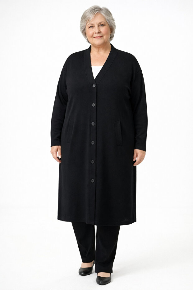 V-Neck Medium Thick Below-The-Knee Plus-Size Cardigan - 1