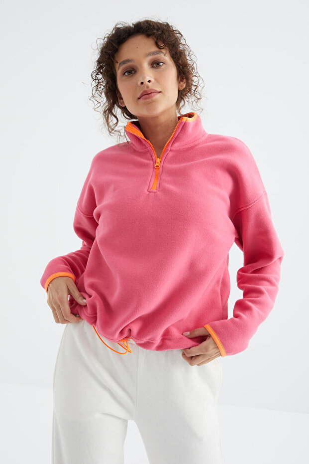 Candy Pink Half Zipper Gathered Hem Stand Collar Standard Fit Women's Fleece Sweatshirt - 97234