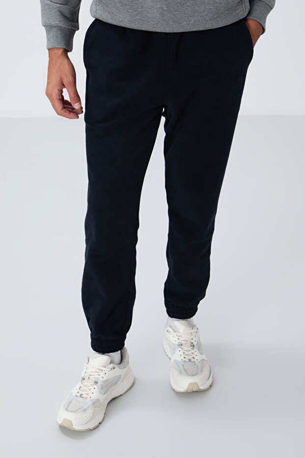 Navy Blue Hidden Zip Comfortable Form Rubber Leg Fleece Men's Tracksuit Bottom - 84866