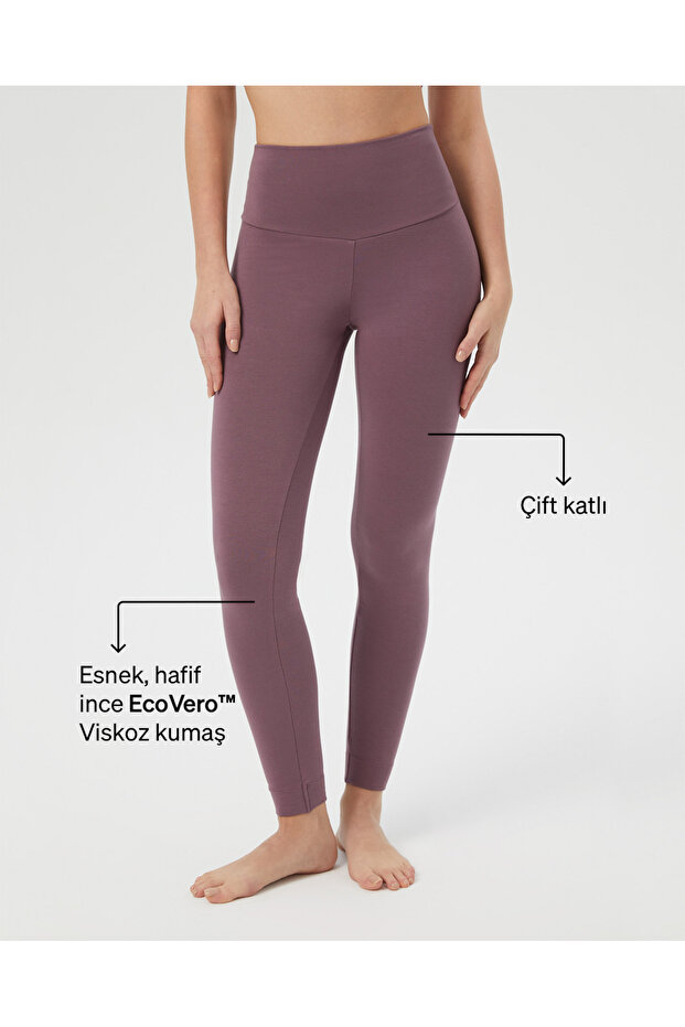 Lila Çift Katlı Yüksek Bel Basic EcoVero™ Viskoz Tayt - 1