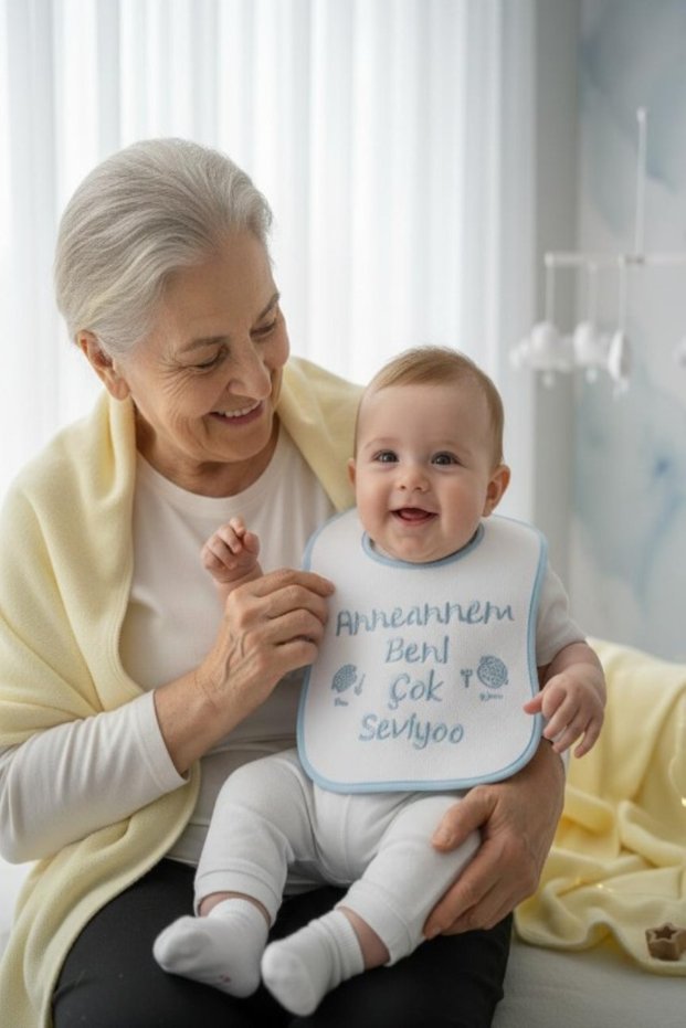 Baby Girl and Boy, My Grandmother Loves Me Very Much, Leak-Proof Baby Bib with Writing, Blue