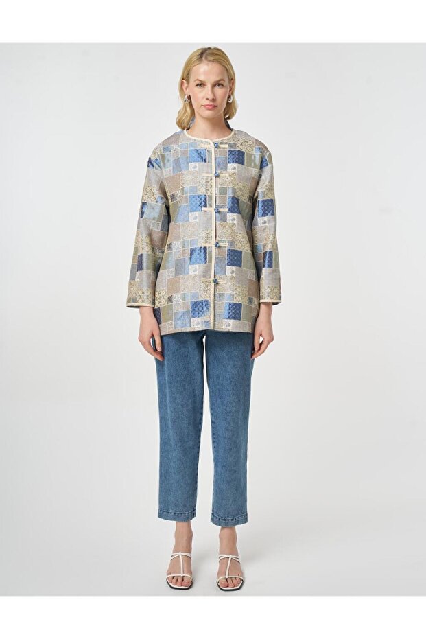 Square Pattern Jacquard Jacket Indigo - 4