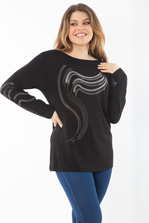 Women's Plus Size Black Sleeve and Stone Detailed Blouse 65N37325