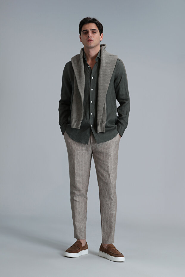 Pitaya Erkek Keten Gömlek Comfort Fit Haki - 4