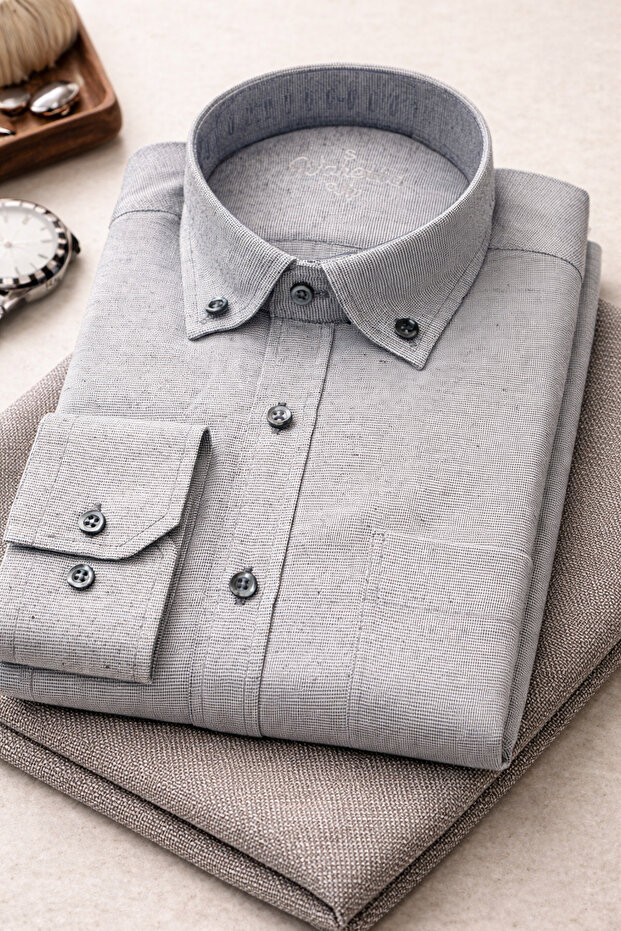 Men's Gray Shirt Linen Effect Pocketed Long Sleeve Summer Style Cotton Pcs