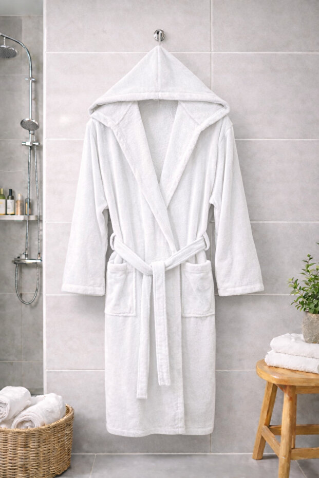 Bornoz Kadife Kapüşonlu %100 Pamuklu - 1