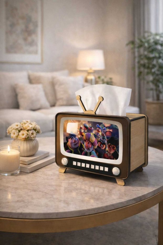 Television-Shaped Napkin Holder, Brown Wooden Napkin Box, Phone Stand 18X14X14 cm