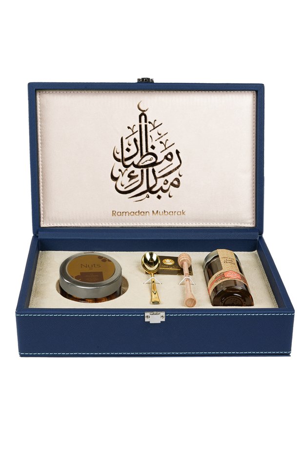 Ramadan Blue Leather Honey Box With 140g of Natural Emirates Sider + 70g Honey With Premium Nuts