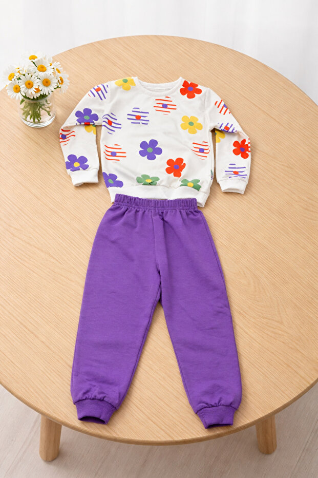 Baby Girl Floral Patterned Sweatshirt & Pink Sweatpants Set (1-4 Years)