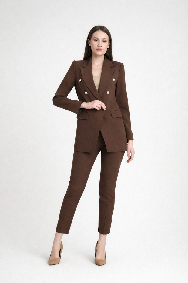 Women's Blazer Jacket Belted Trousers Suit Brown