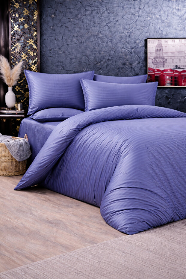 Striped Cotton Satin Indigo Hotel Series Elastic Bed Sheet Double Duvet Cover Set