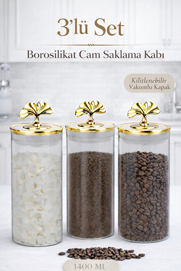 Borosilicate Glass Jars with 3 Lockable Vacuum Lids Leaf Food Storage Container 1400ml
