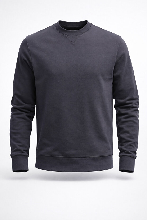 Bisiklet Yaka Basic Sweatshirt - Füme - 1