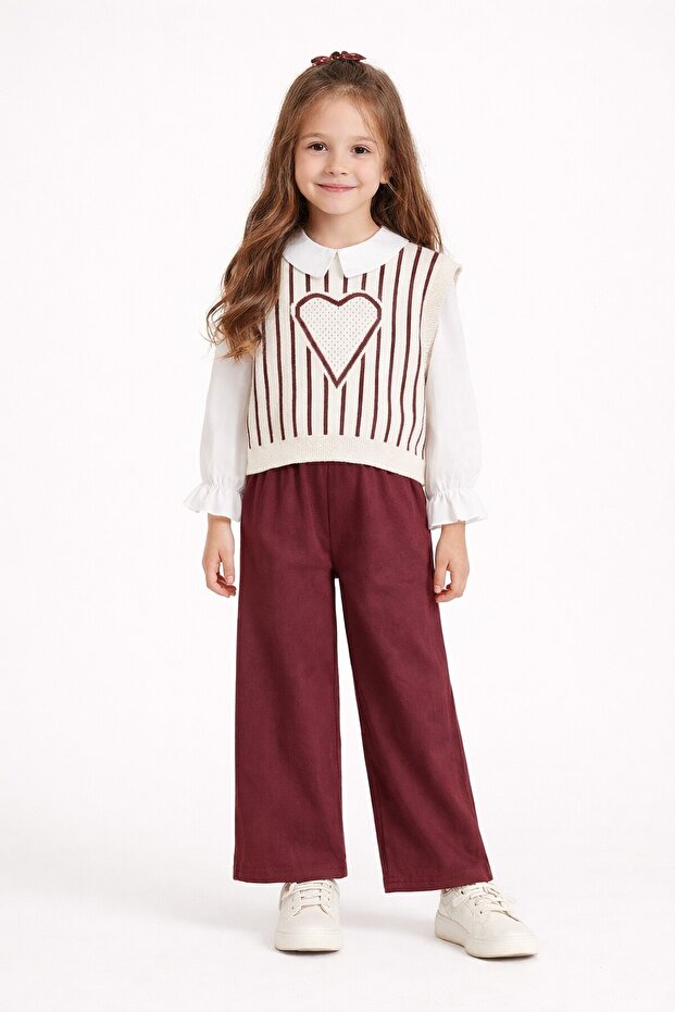 Burgundy Heart Pattern Sweater, Shirt and Pants 3-Piece Set for Girls 23735