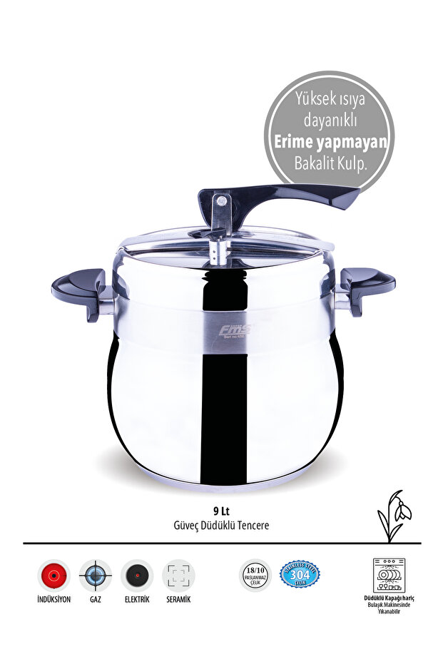 Güveç Düdüklü Tencere 9 Litre 18/10 Paslanmaz Çelik | Hızlı Pişirme | İndüksiyon Uyumlu - 4