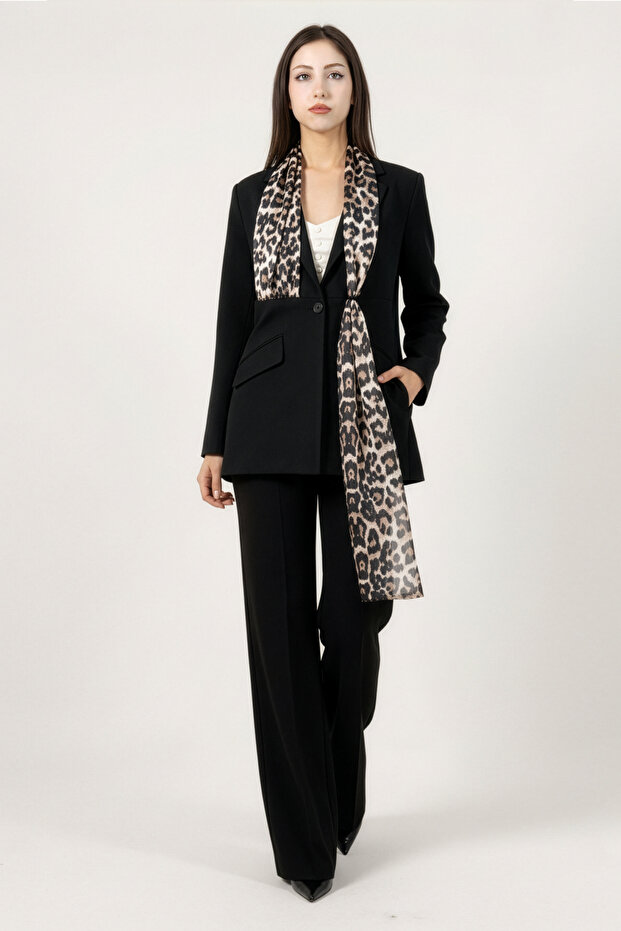Women's Jacket Lined Long Blazer Women's Jacket Hijab Leopard Shawl Pocketed Padded Blazer Psm412 Black