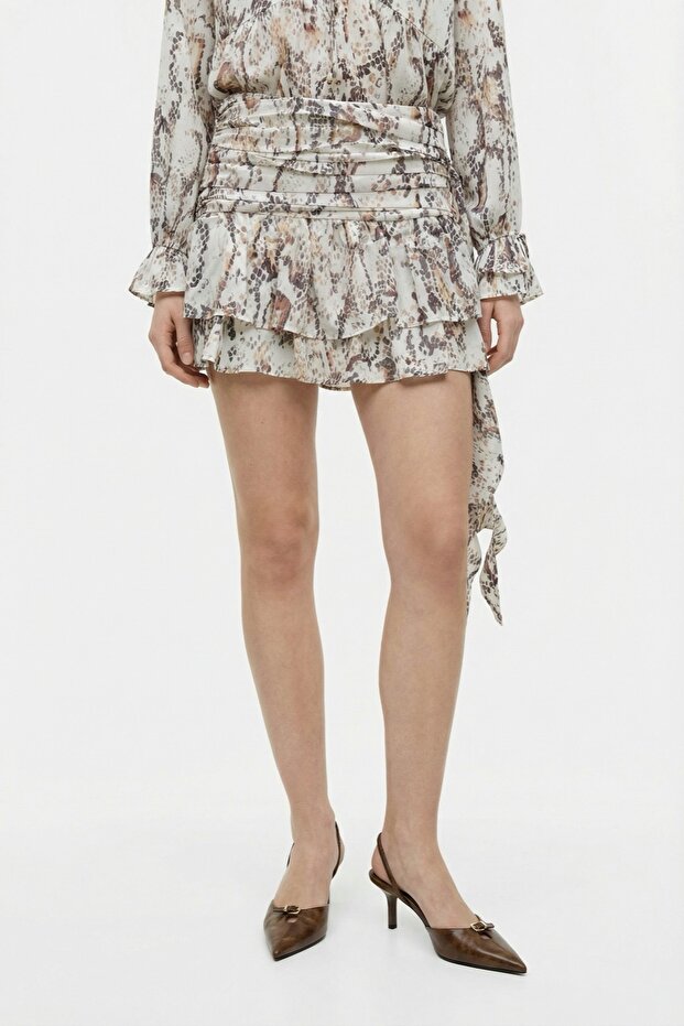 Patterned Ruffled Mini Skirt Beige - 2