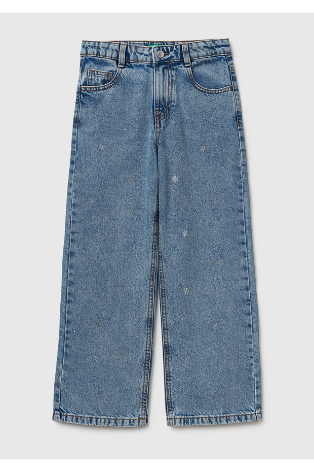 Girl's Light Blue Crystal Applique Stone Wash Straight Fit Denim Pants