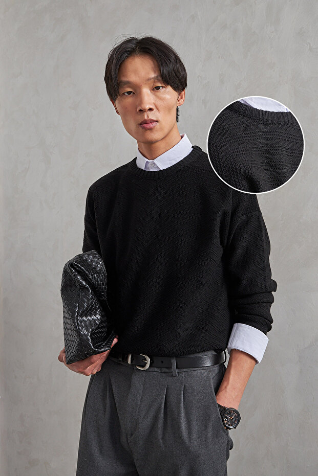 سترة رجالية بياقة دائرية قصة فضفاضة بنمط محبوك عكسي - 1