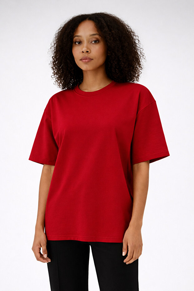 Unisex Kırmızı Oversize Kalıp Tok Kumaş Basic T-shirt - 1
