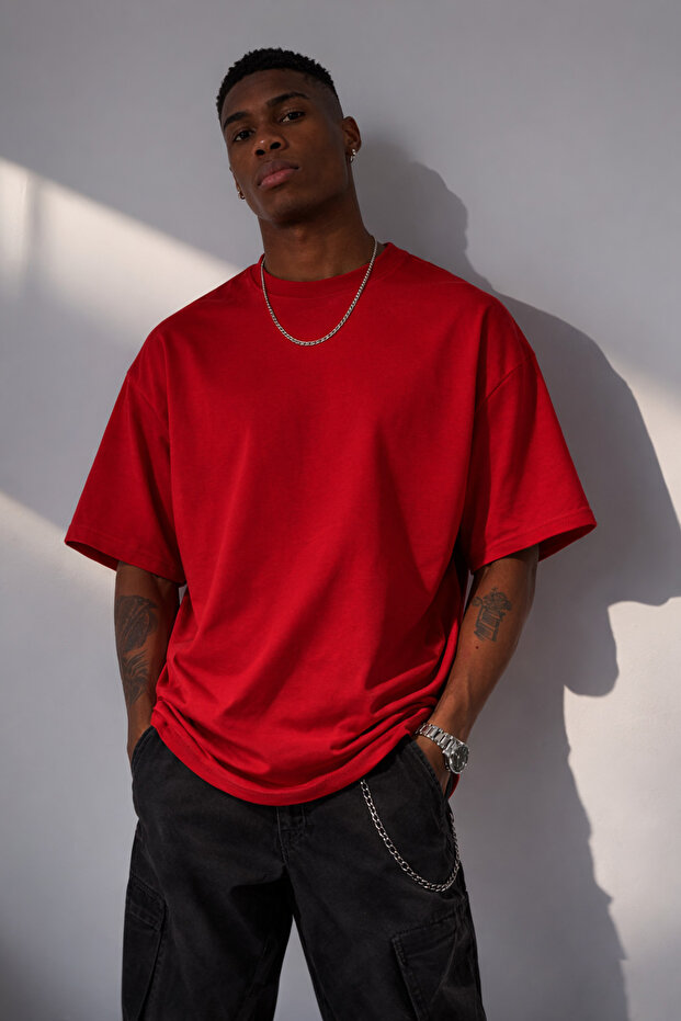 Unisex Kırmızı Oversize Kalıp Tok Kumaş Basic T-shirt - 3
