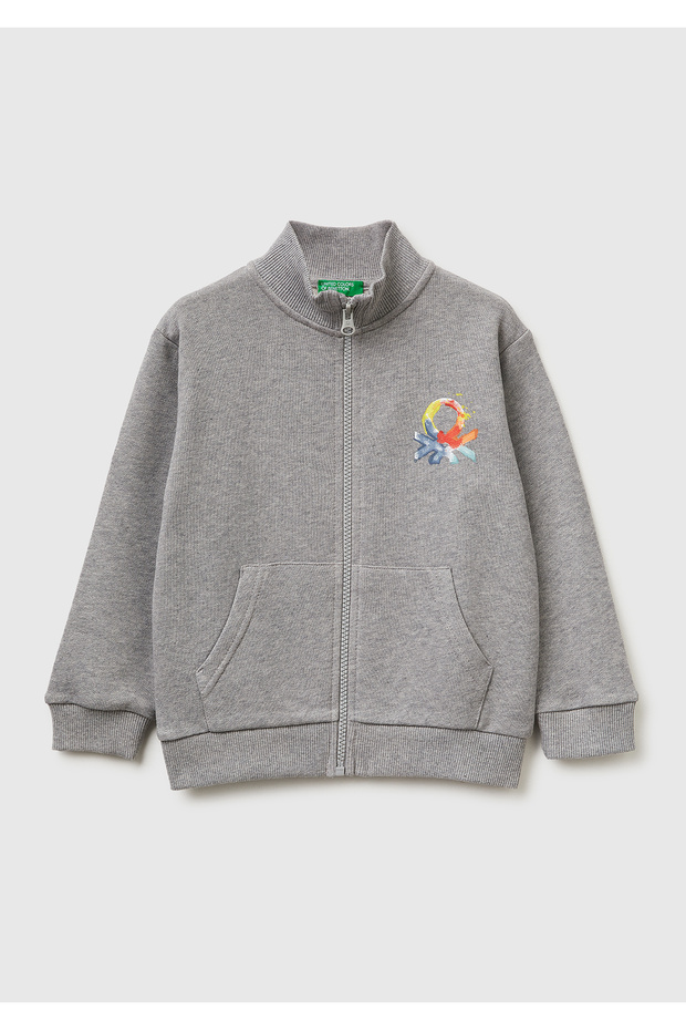 Boy's grey melange logo Printed Pocketed zip-up Mock Neck sweatshirt