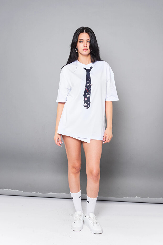 Tie Printed Oversized Unisex White Tshirt