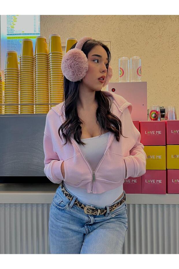 Women's Parfait Pink Color Hooded Fleece-Lined Crop Sweatshirt Cardigan
