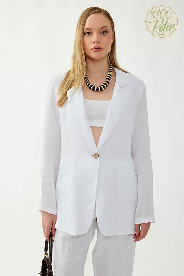 سترة من الكتان بنسبة 100% مع جيب بزر واحد - 1