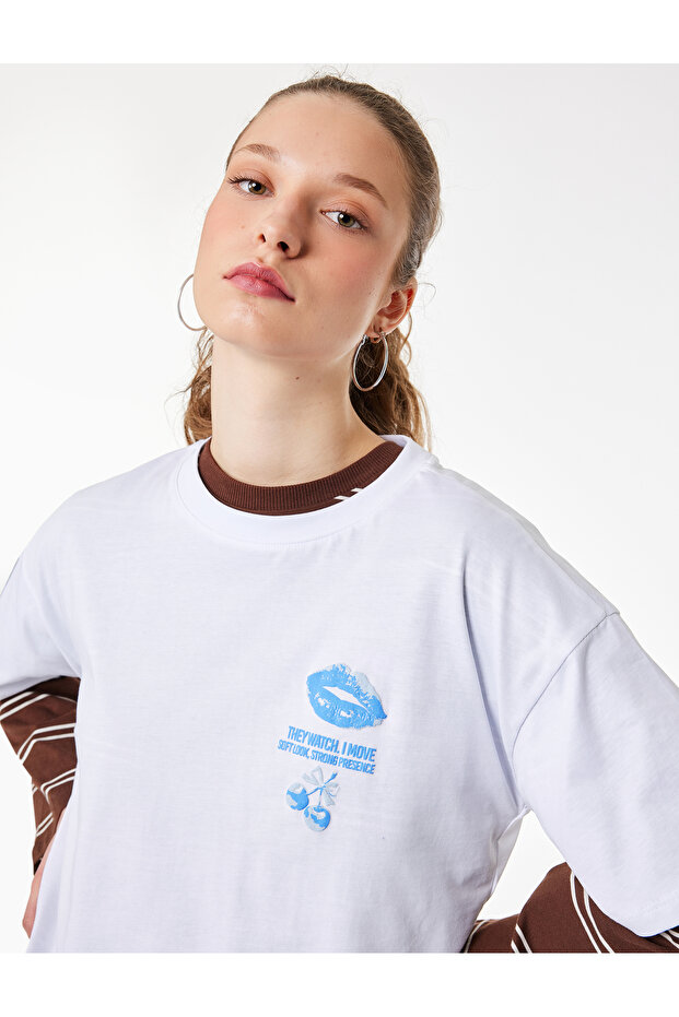 Comfortable Fit Short Sleeve Crew Neck Cotton T-Shirt with Cherry Print on the Back