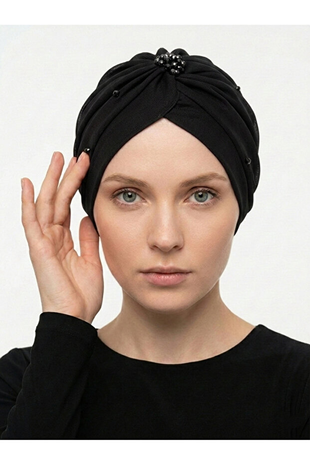 Crystal Tulle Lined Black Ready-made Hijab Hijab Evening Dress Bonnet