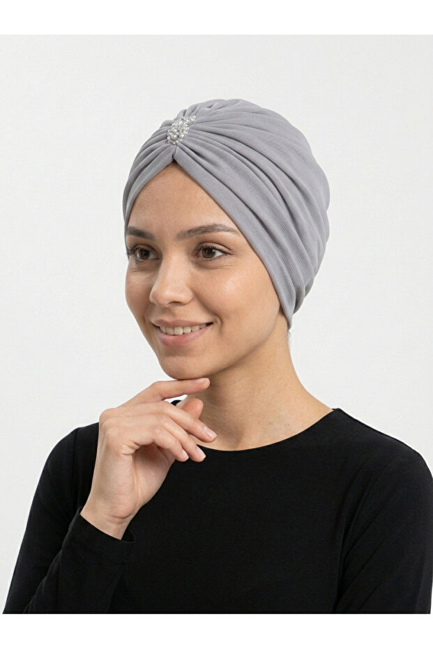 Design Tulle Crystal Stone Embroidered Double Sided Lined Gray Ready Turban Hijab Evening Dress Bonnet