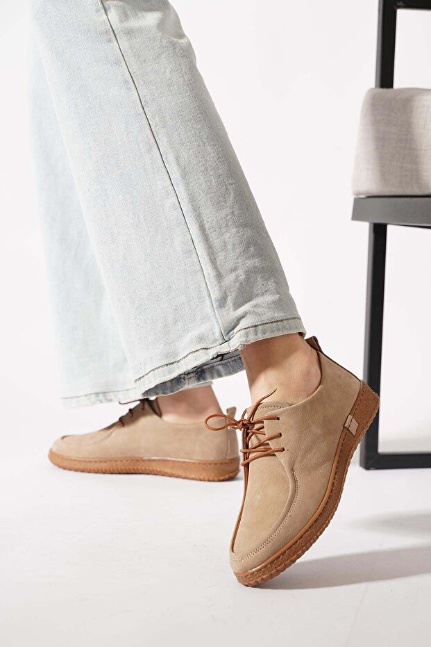 Yerna Rubber Laced Women's Genuine Leather Shoes Beige Suede
