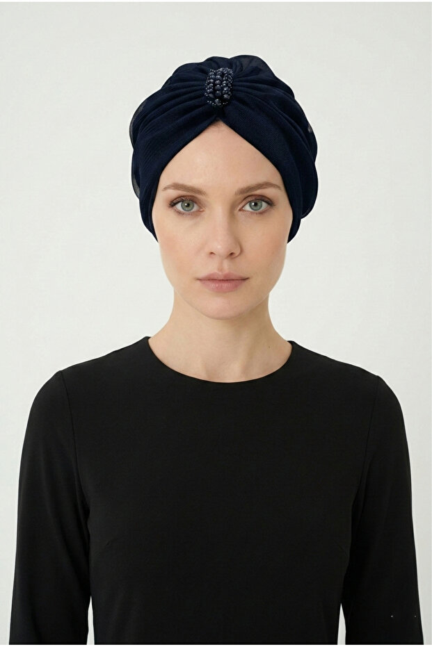 Design Tulle Crystal Stone Embroidered Double-Sided Lined Navy Blue Ready-made Hijab Hijab Evening Dress Bonnet