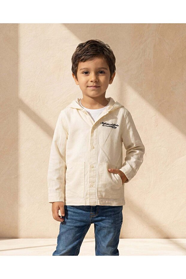 Boys White Cotton Linen Hooded Long Sleeve Shirt
