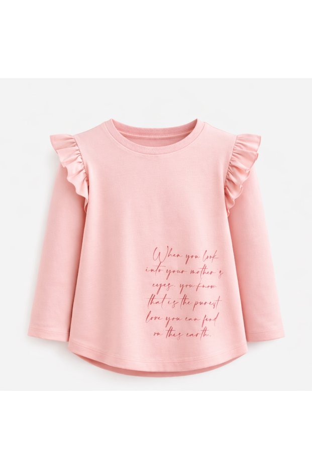 Pink Ruffled Sleeves Almotto Detailed Long Sleeve Seasonal T-Shirt (2-9 Years)