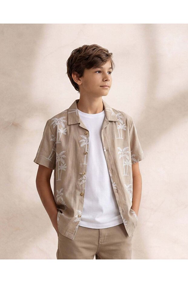 Boys Beige Embroidered Casual Shirt With T-Shirt Set
