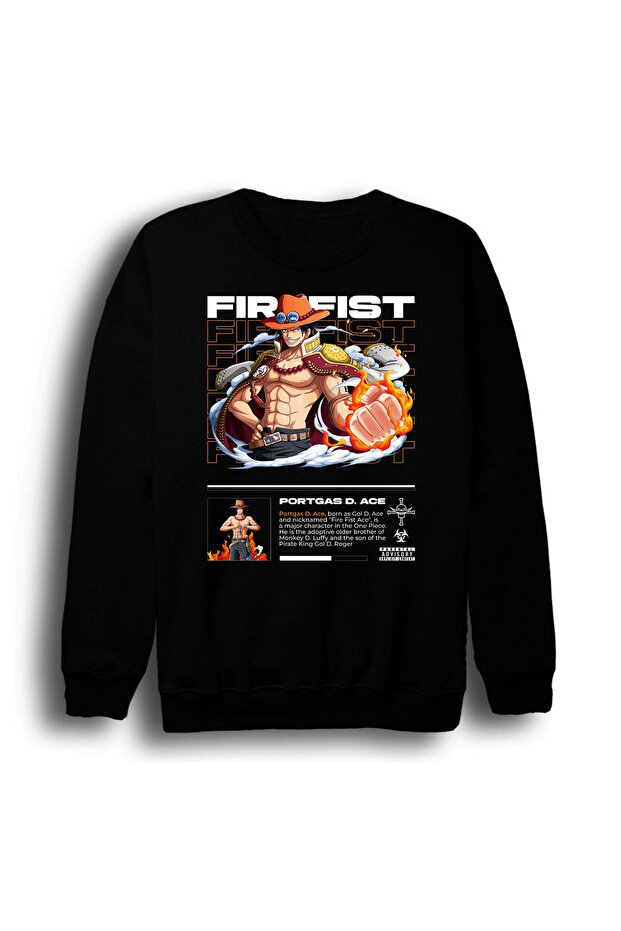 One Piece - Portgas D. Ace - Anime Printed Unisex 100% Cotton Crew Neck Black Sweatshirt