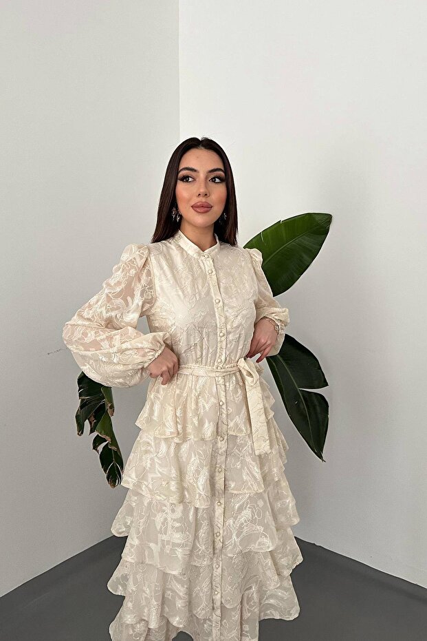 Volanlı Şeritli Kat Kat Elbise - 3