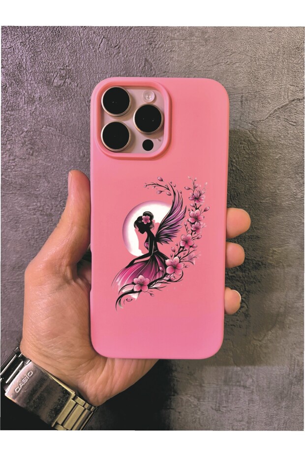 iPhone 16 Pro Max Compatible Pink Case with Fairy and Flower Pattern