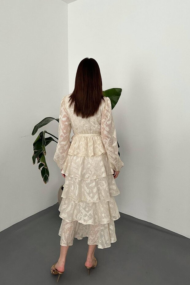 Volanlı Şeritli Kat Kat Elbise - 6