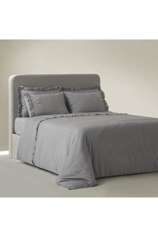 Zaira King Size Duvet Cover Set 100% Organic Cotton Satin Hand Embroidered Gray 240X220 cm