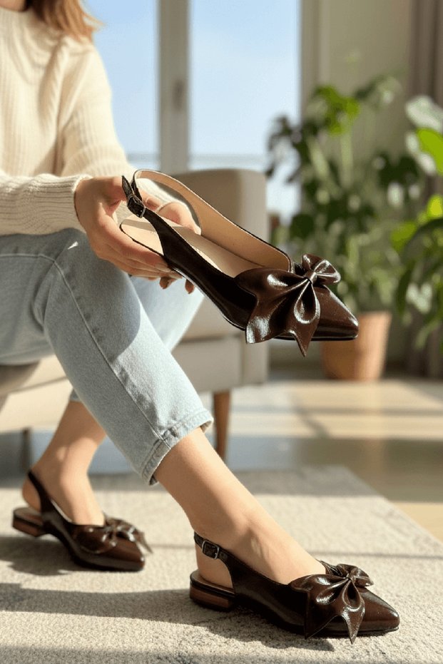 Dunka Brown Wrinkled Bow (2 cm Heel) Ankle Strap Pointed Toe Daily Ballet Flats