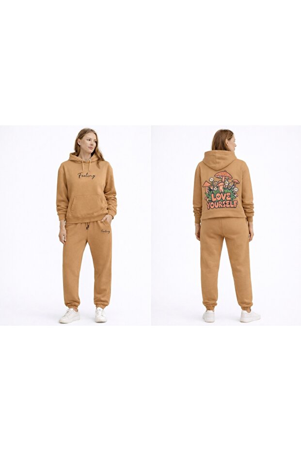 Markatem3Iplik Cotton Back Panel Printed Hooded Oversize Hoodie Sweat Pantalon Set Feeling Printed