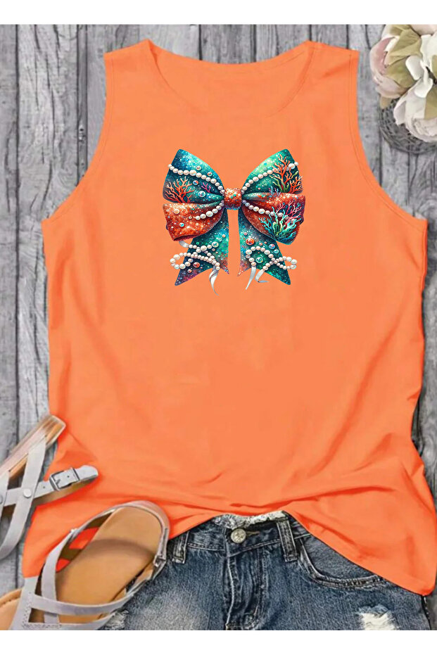 Yaz Beach Ribbon Summer Printed Summer Sleeveless Crew Neck Women's Tshirt
