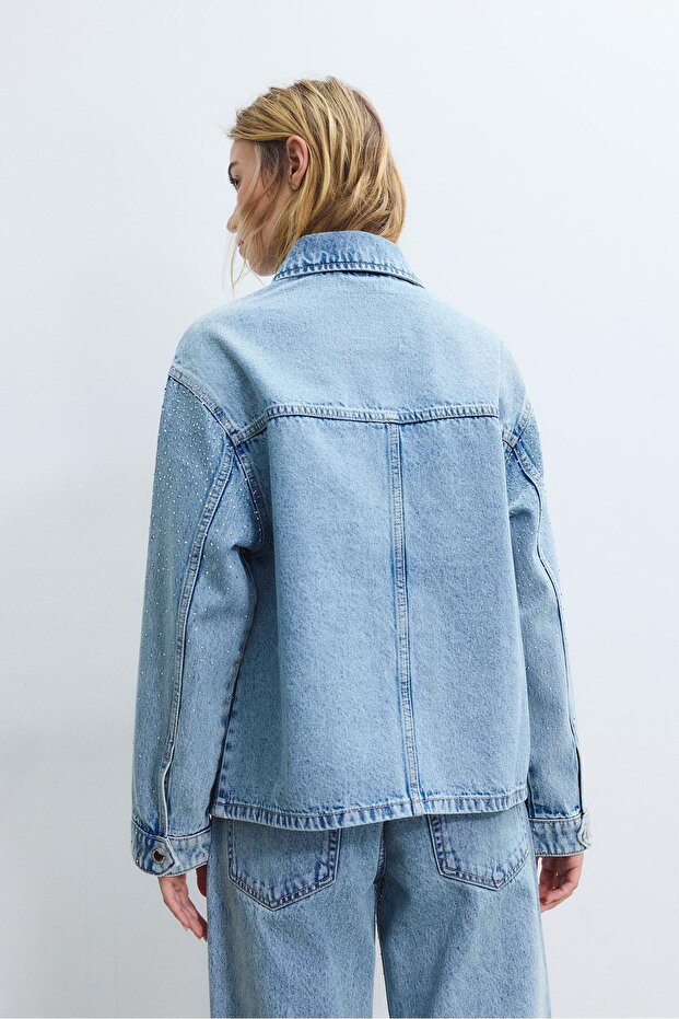 DENIM JACKET WITH PATCH POCKETS AND RHINESTONES - 5