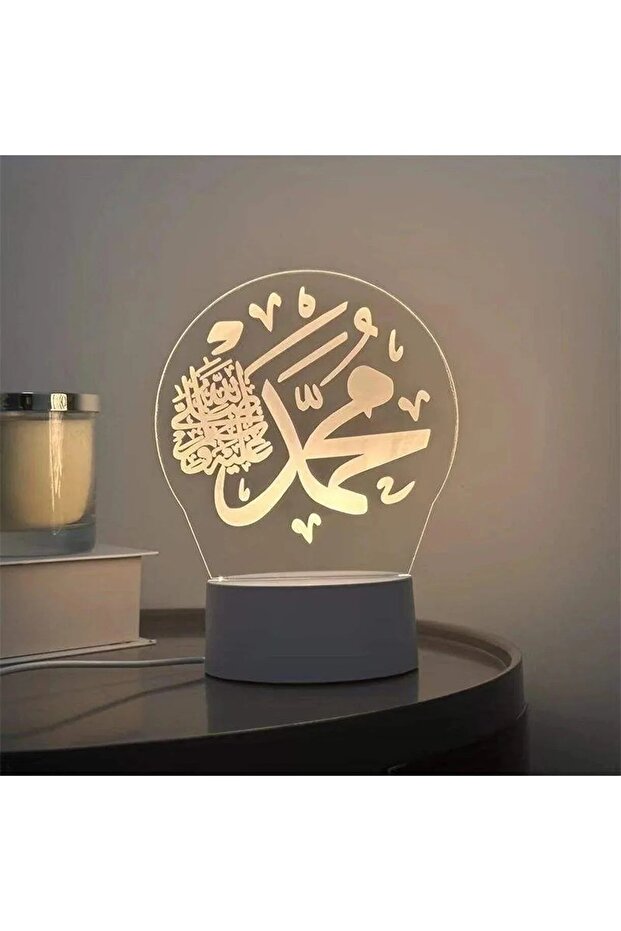 مصباح هلالي ثلاثي الأبعاد لرمضان بإضاءة LED وقاعدة خشبية