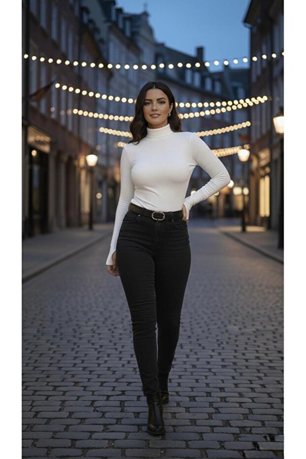 Women's Fingerless Body Fingerless Turtleneck Sweater Super Quality Turtleneck White